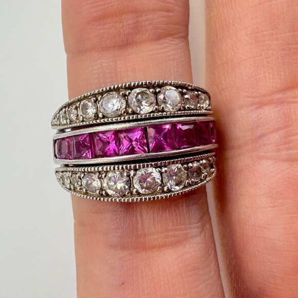 Sterling Silver Princess Cut Pink CZ Band Hinged Reversible CZ Guard Bands 5.75 - Picture 1 of 13